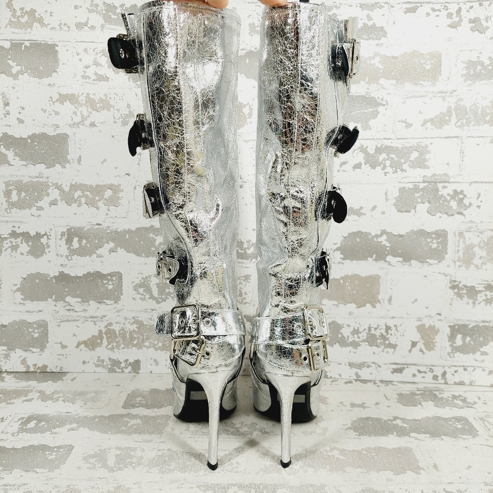 New Wild Diva Look At Me Silver Faux Leather High Heel Harness Knee Boots K759 - Picture 5 of 11